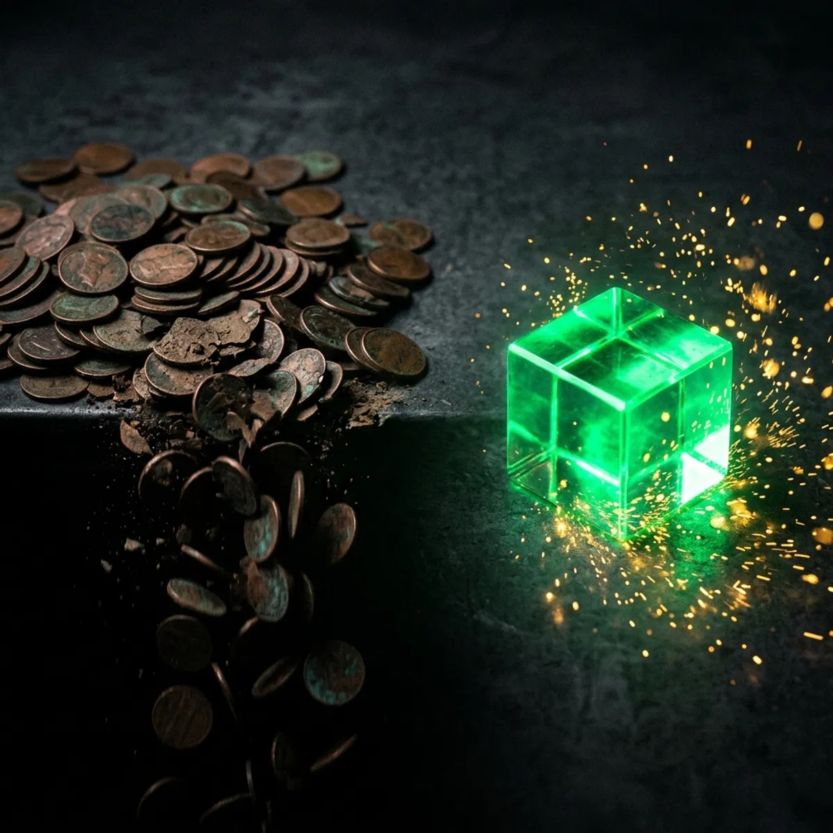 Illustration métaphorique : pièces de monnaie qui s'effritent dans l'ombre versus un cube émeraude lumineux générant de la valeur