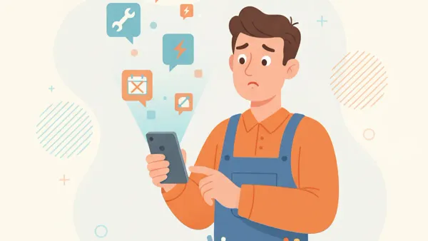 Artisan regardant son téléphone avec des opportunités clients qui s'envolent sous forme de notifications