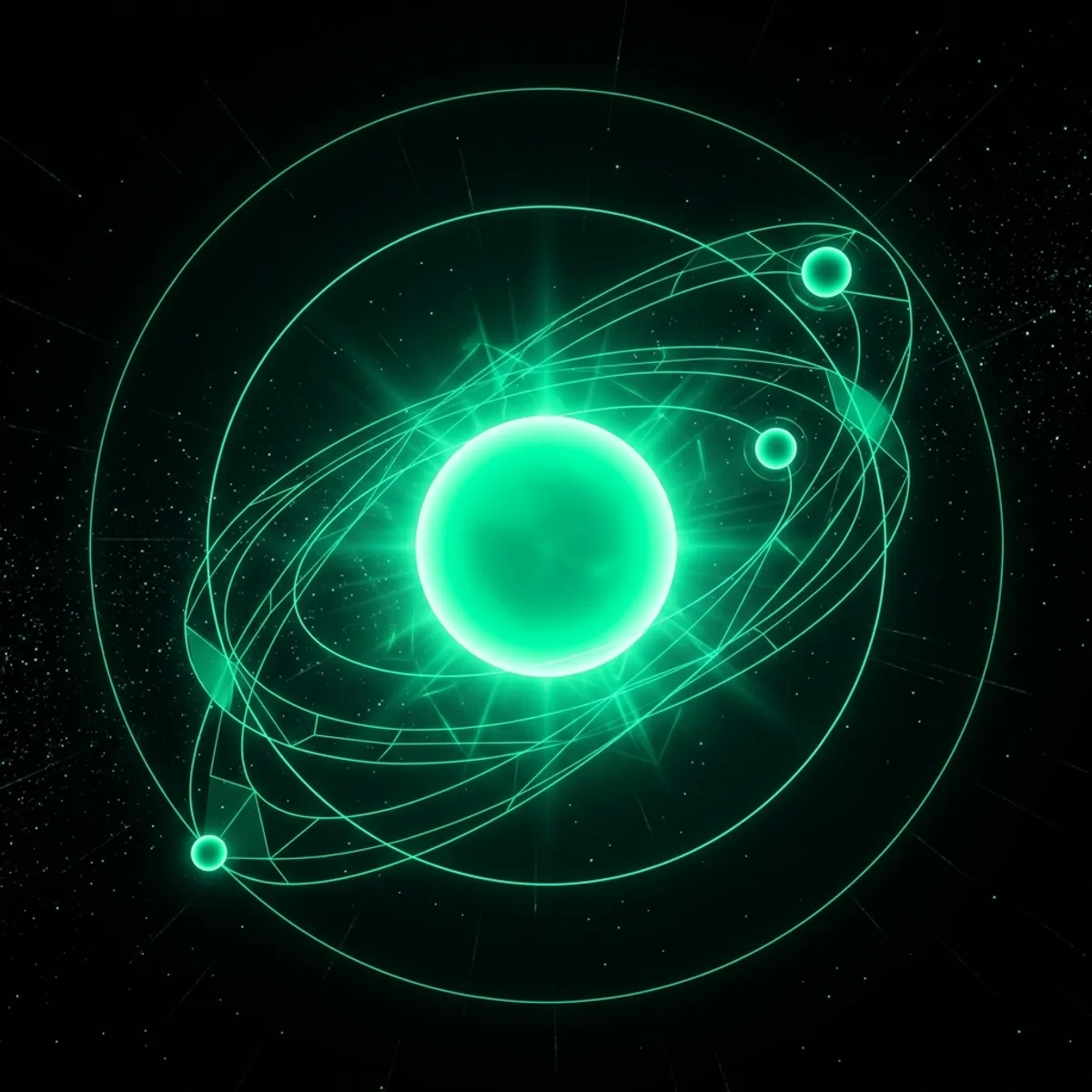 Système solaire abstrait : le site web au centre irradiant de lumière émeraude, avec la fiche Google et Facebook en satellites