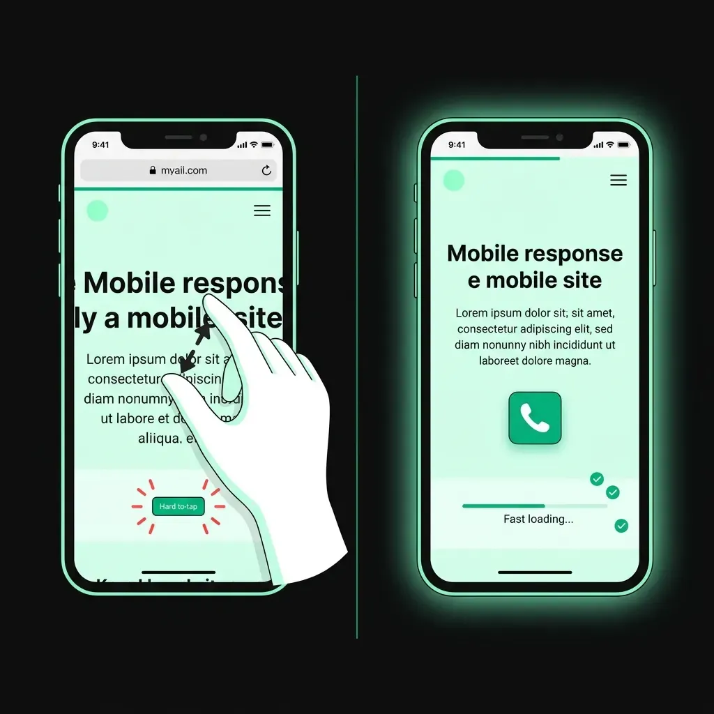 Avant-après : site non adapté au mobile versus site responsive professionnel sur smartphone