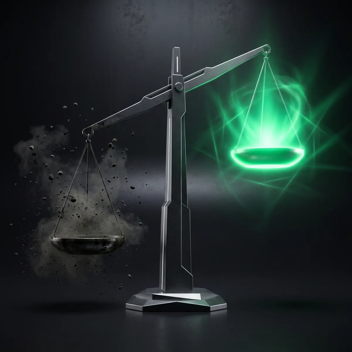 Balance futuriste asymétrique : le plateau gauche surchargé et sombre versus le plateau droit lumineux émeraude — faire soi-même vs déléguer
