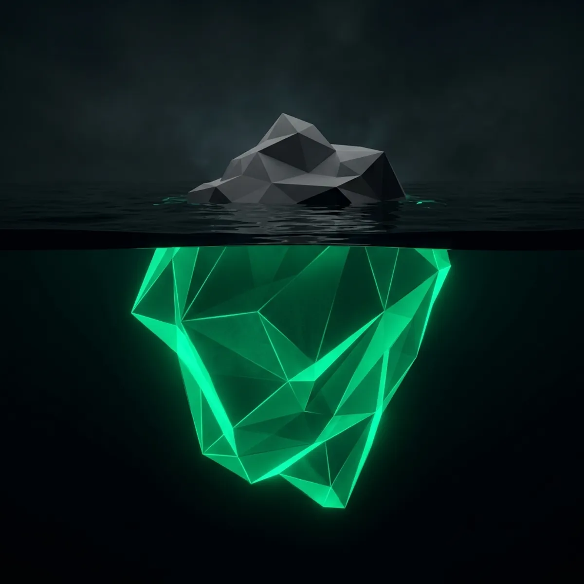 Iceberg géométrique : la petite partie visible représente le template, l'immense partie immergée bioluminescente représente le travail invisible de SEO et d'optimisation