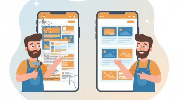 Artisan regardant son site internet sur un téléphone avec un écran illisible et un client qui repart