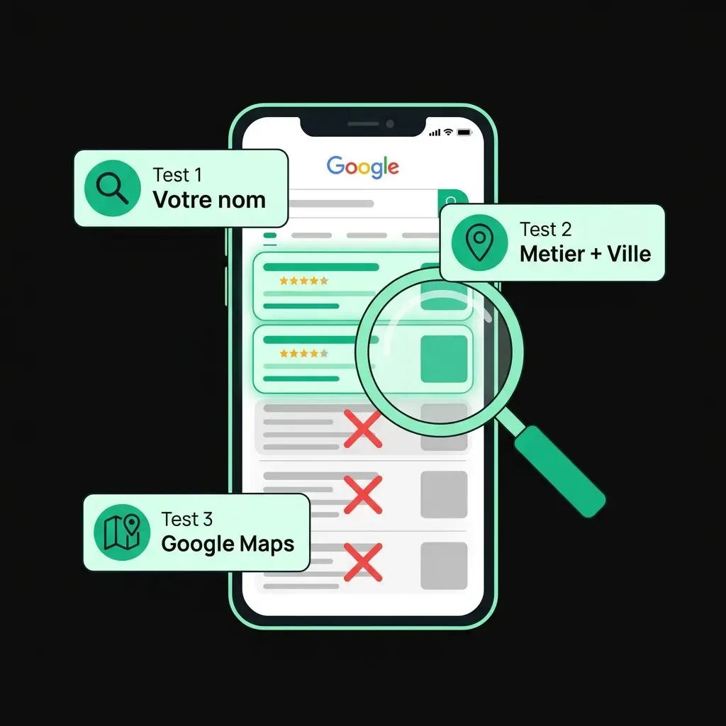 3 tests de visibilité Google : recherche par nom, par métier et ville, et sur Google Maps
